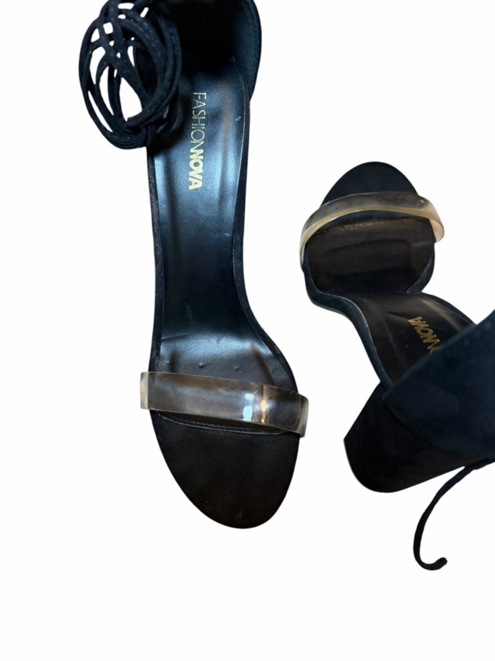Fashion Nova Black Heels with Clear Toe Strap and Lace-Up Ankle